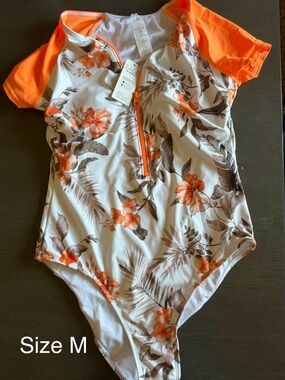 NWT Cupshe White Floral One-Piece Swimsuit with Orange Accents